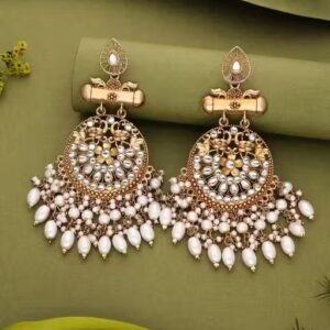 Mendi Gold plated Kundan studded White Color Pearl dangle handcrafted Ethnic Earrings